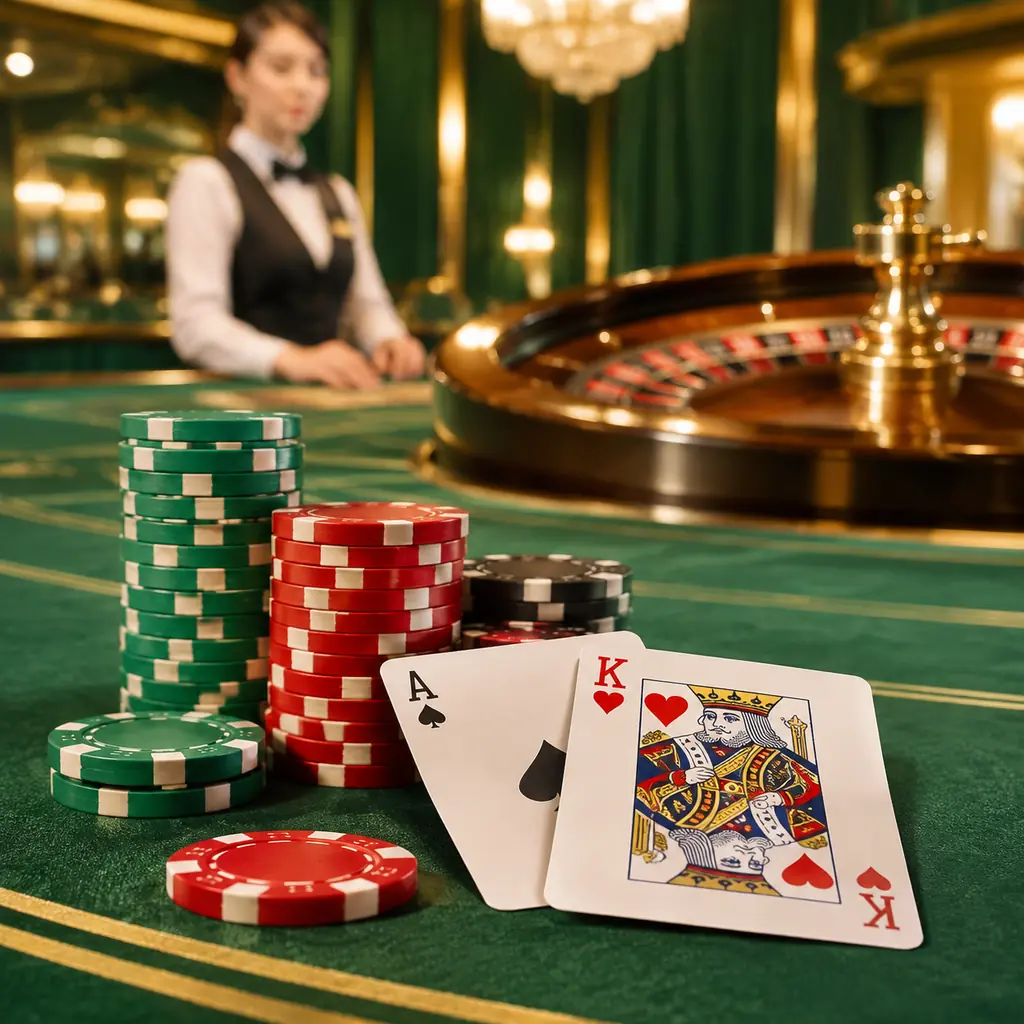 Meja studio kasino dengan kartu, keping, dan roda roulette