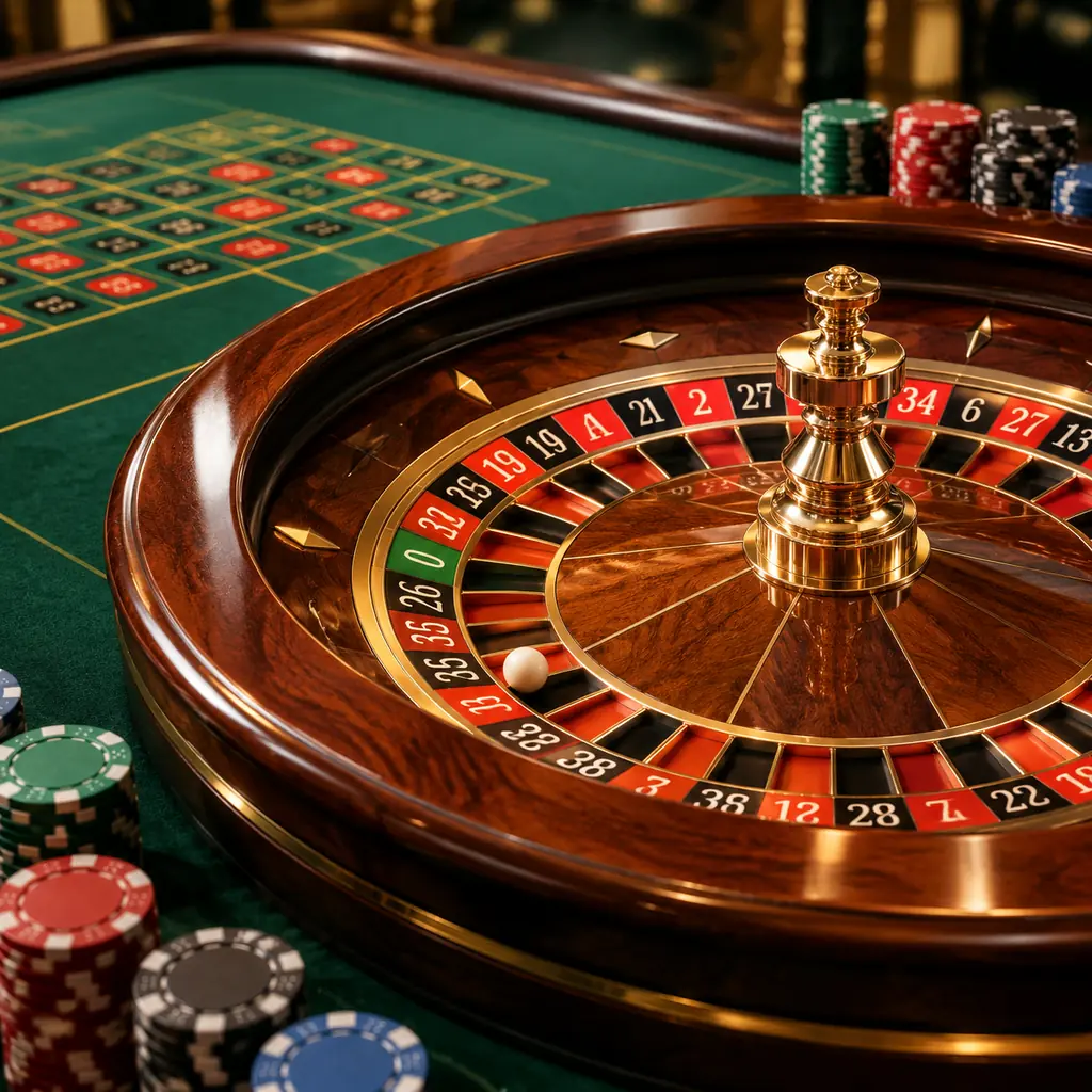 Roda roulette kayu dan bola putih di samping kain hijau