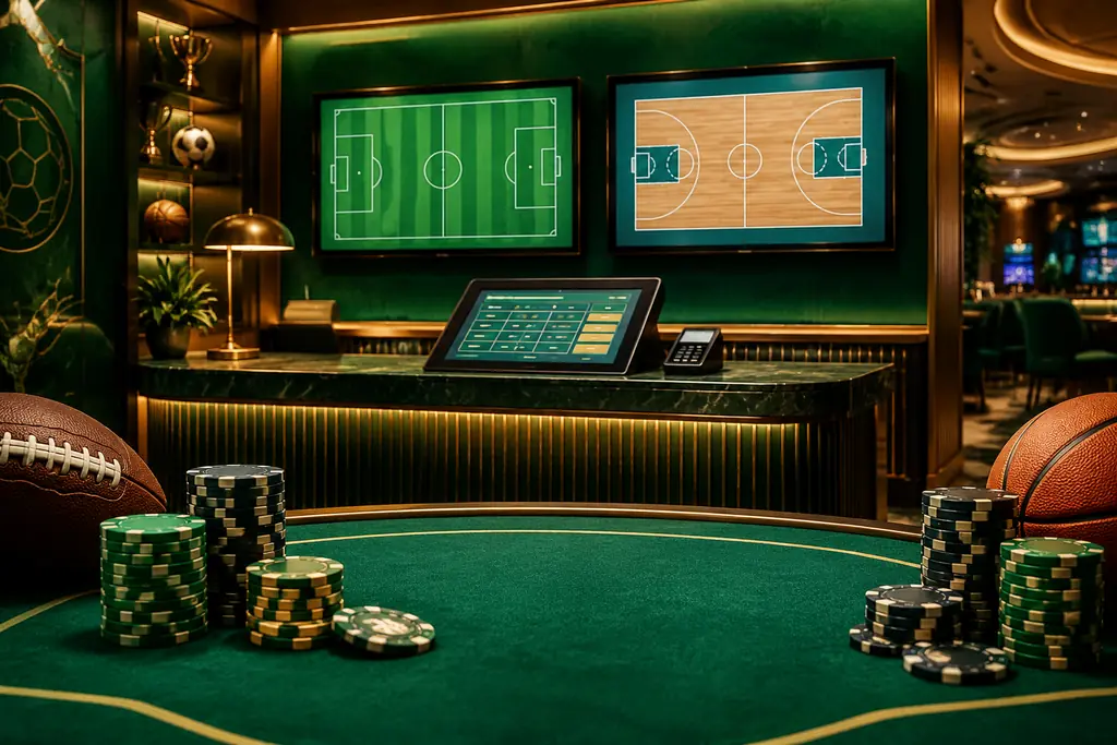 Terminal olahraga dengan gambar lapangan sepak bola dan basket